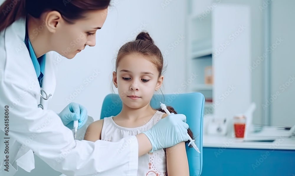 A pediatrician vaccinates a young patient with a smile. A pediatrician vaccinates a young patient with a smile.