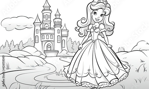 Transform the cartoon princess and castle's line art into a majestic coloring scene.