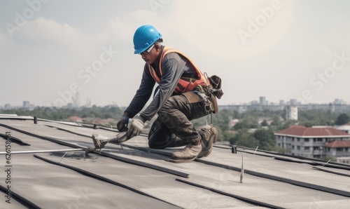 Construction worker secured with harness belt working at rooftop