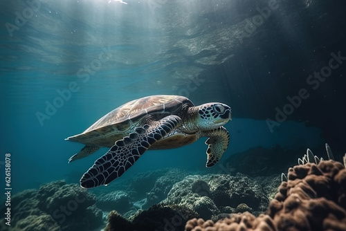 Green Sea Turtle cruises in the warm waters of the Pacific Ocean, sea turtle swimming in the sea, ocean background, illustration generative ai © HayyanGFX