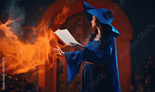 Beautiful sorceress holds old book and conjures flames.