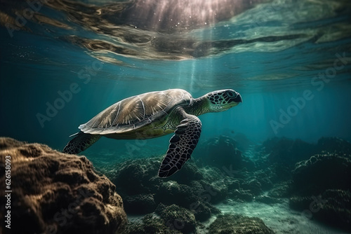Green Sea Turtle cruises in the warm waters of the Pacific Ocean, sea turtle swimming in the sea, ocean background, illustration generative ai