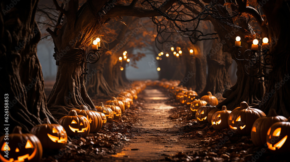 Jack-o'-Lanterns in a Spooky Forest, Generative AI