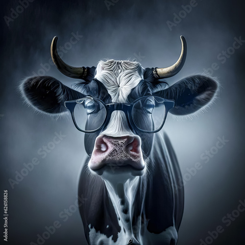 Wise animal with glasses. Portrait of a cow with glasses on a dark background