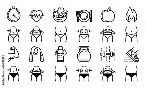 Sport, Diet, Lose Weight, Fitness Icons collection Set. Editable stroke. Vector illustration