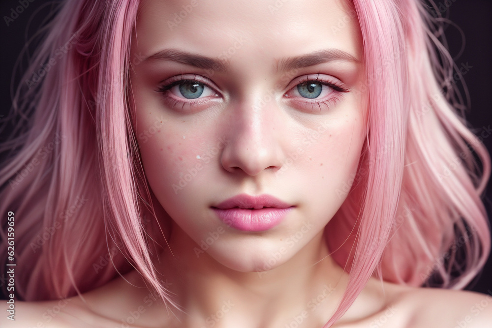 Fototapeta premium captivating girl with stunning pink hair in this striking headshot close-up, radiating elegance and charm