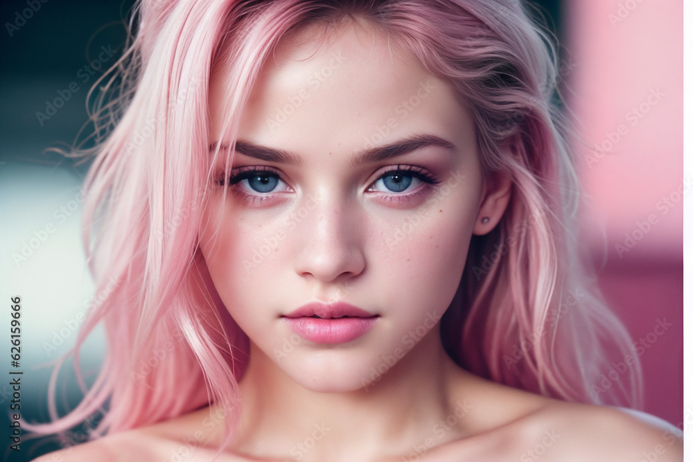 captivating girl with stunning pink hair in this striking headshot close-up, radiating elegance and charm captivating girl with stunning pink hair in this striking headshot close-up, radiating elegance and charm