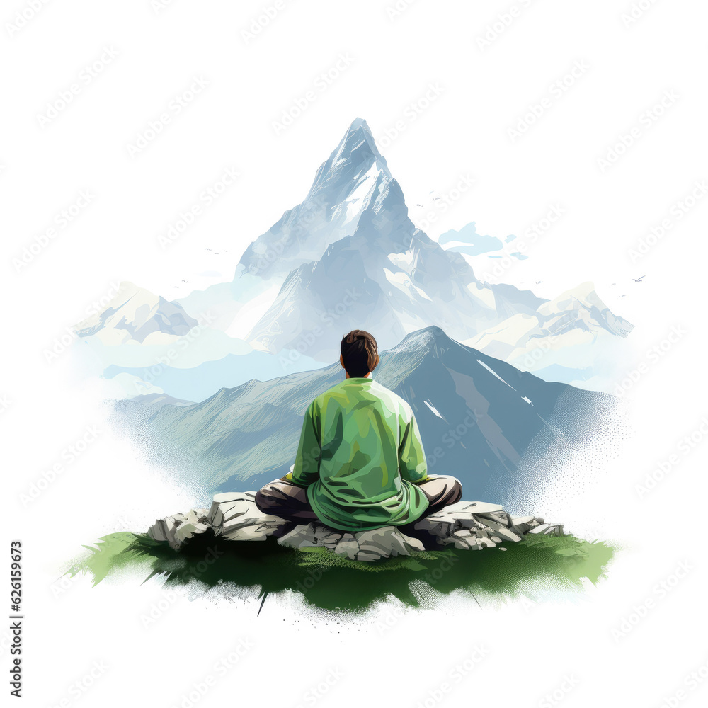 Man meditating in front of a mountain, flat vector illustration - Generative ai Man meditating in front of a mountain, flat vector illustration - Generative ai