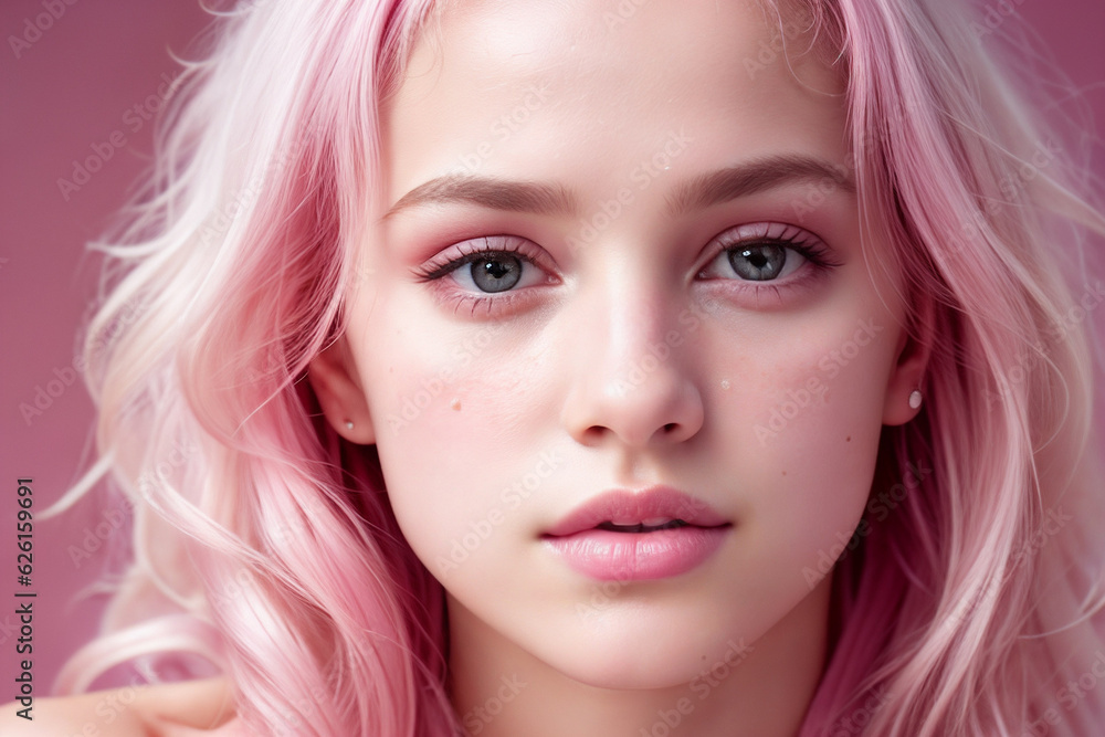 captivating girl with stunning pink hair in this striking headshot close-up, radiating elegance and charm captivating girl with stunning pink hair in this striking headshot close-up, radiating elegance and charm