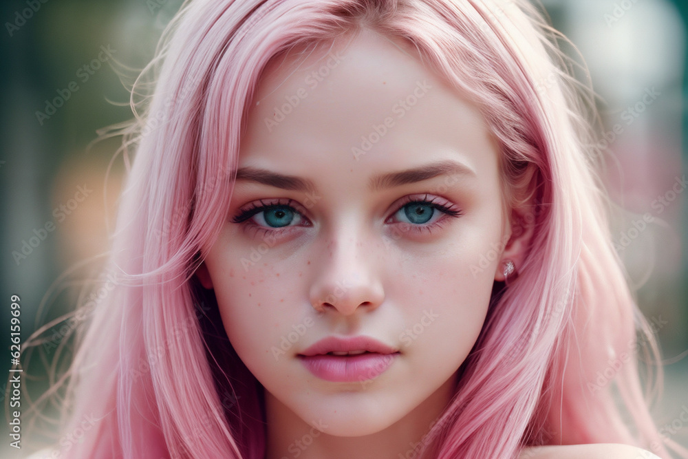 captivating girl with stunning pink hair in this striking headshot close-up, radiating elegance and charm captivating girl with stunning pink hair in this striking headshot close-up, radiating elegance and charm