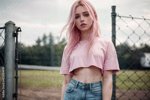 captivating girl with stunning pink hair, wearing a stylish blouse that shows her belly button and matching pink shorts in this striking headshot close-up, radiating elegance and charm photo