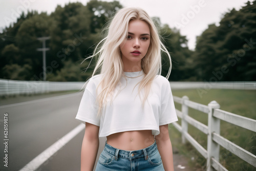 captivating blonde girl, wearing a stylish blouse that shows her belly button and matching shorts in this striking headshot close-up, radiating elegance and charm photo