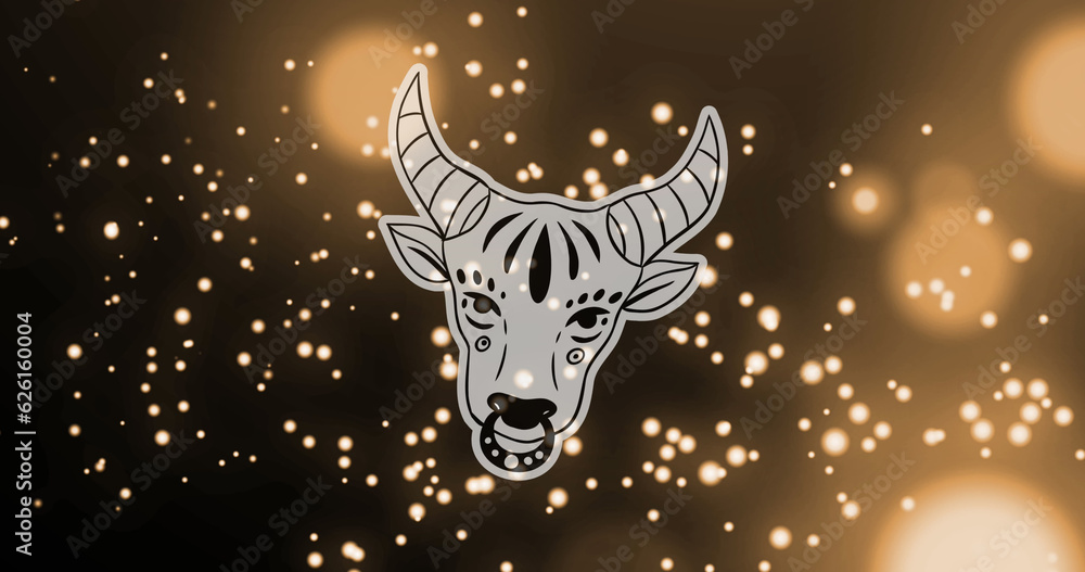 Composite of taurus star sign and spots of light on dark background
