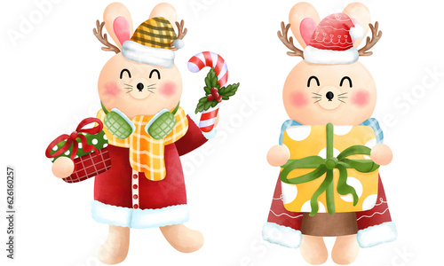 Festive christmas bunny clipart set.Cute little bunny with gift boxs candy cane antlers scarf beanie and christmas costume.