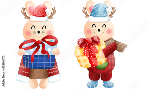 Festive christmas bunny clipart set.Cute little bunny with gift boxs,antlers,scarf,beanie and christmas costume.