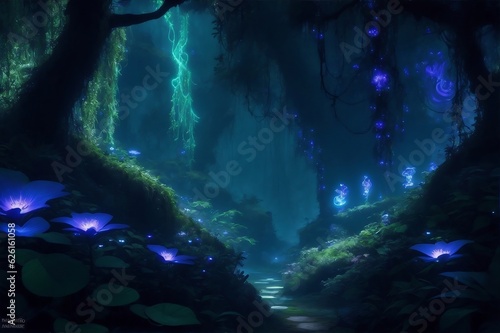 A tranquil nightscape of Pandora s bioluminescent forest  with vibrant glowing plants  vines  and magical creatures illuminating the darkness.Created with generative AI