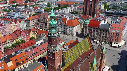 drone footage of market square architecture in Wroclaw