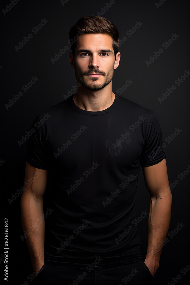 Man in black tshirt isolated on black background. AI Generated