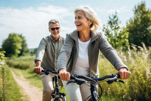 Happy older couple explores nature by bike on sunny day. AI Generated #626161899