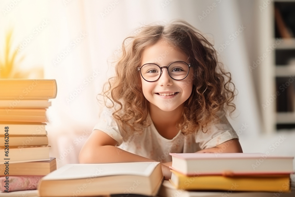portrait of a happy child little girl with glasses sitting on a stack of books and reading a books. AI Generated portrait of a happy child little girl with glasses sitting on a stack of books and reading a books. AI Generated