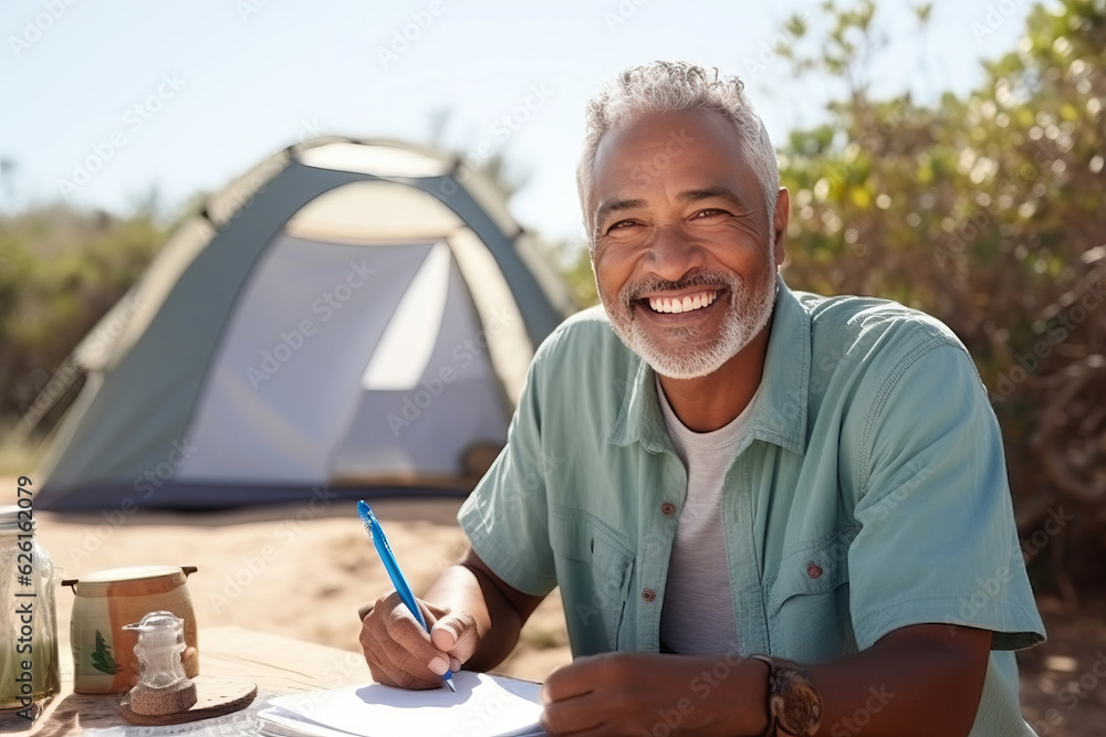 Portrait of pretty senior man in white casuals writing journal besides tent in forest. AI Generated Portrait of pretty senior man in white casuals writing journal besides tent in forest. AI Generated