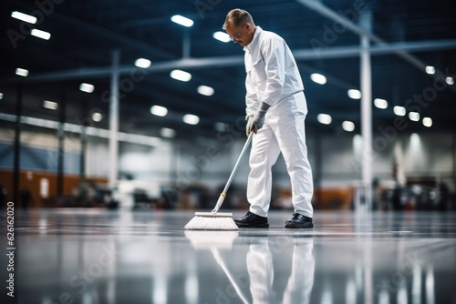 The man in the repairman is holding a mop in a white suit, cleaning the protective clothing of the new epoxy floor in an empty warehouse or car service center..