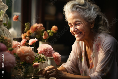 portrait of a senior woman arranging flowers in vase. AI Generated © wolfhound911