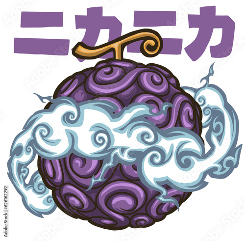 devil fruit illustration vector detail logo gomu gomu no mi, hito hito no mi, sun god nika