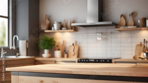 Wooden tabletop against a dim kitchen room background, kitchen interior. AI Generation The Technical