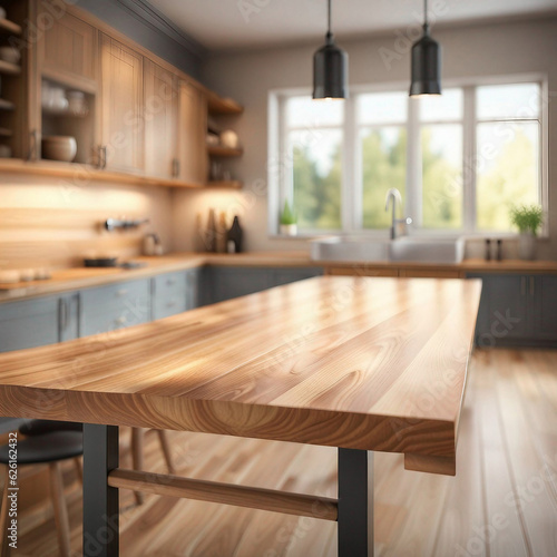 Wooden tabletop against a dim kitchen room background, kitchen interior. AI Generation The Technical