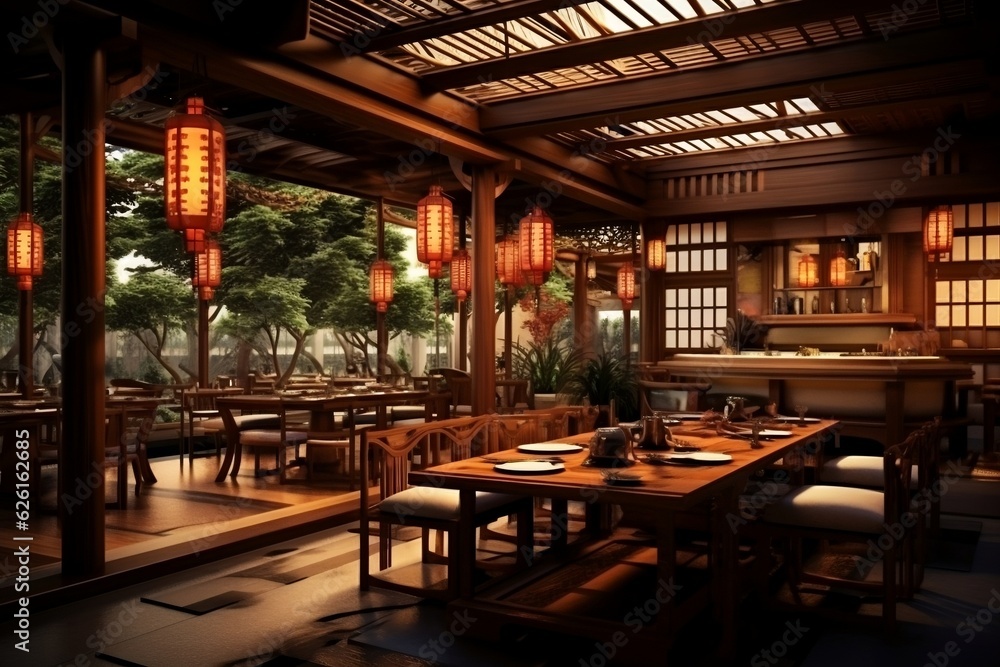 Classic Japanese Eateries Tables in a Traditional Style Restaurant. Generative AI
