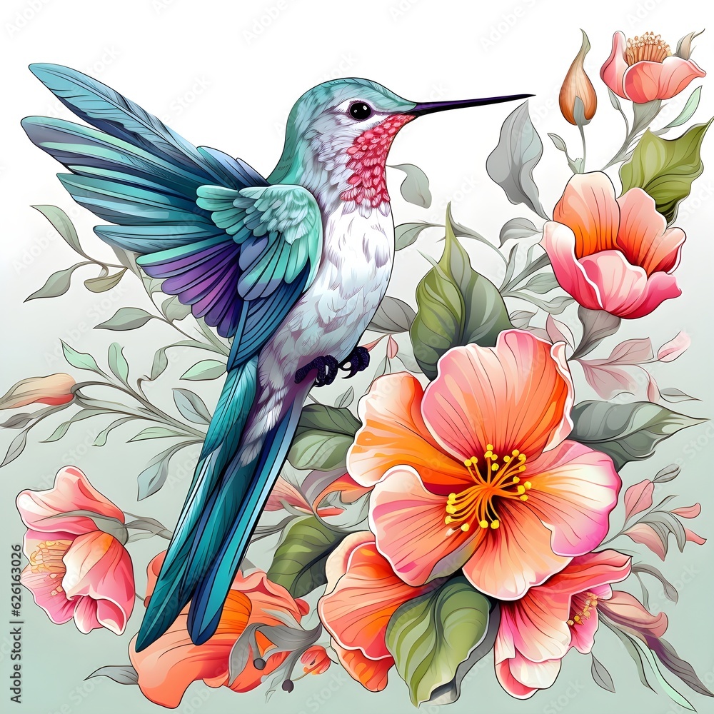 Fototapeta premium bird and flowers,feather,flying,AI generated