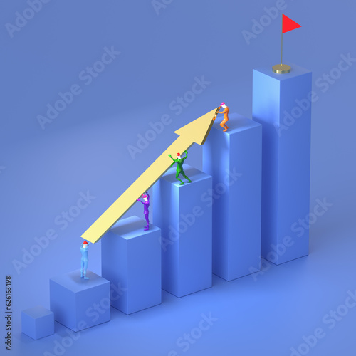 Success business graph on goal achievement strategy chart concept 3d background with creative growth financial progress target competition step climbing top flag improvement. 3d rendering