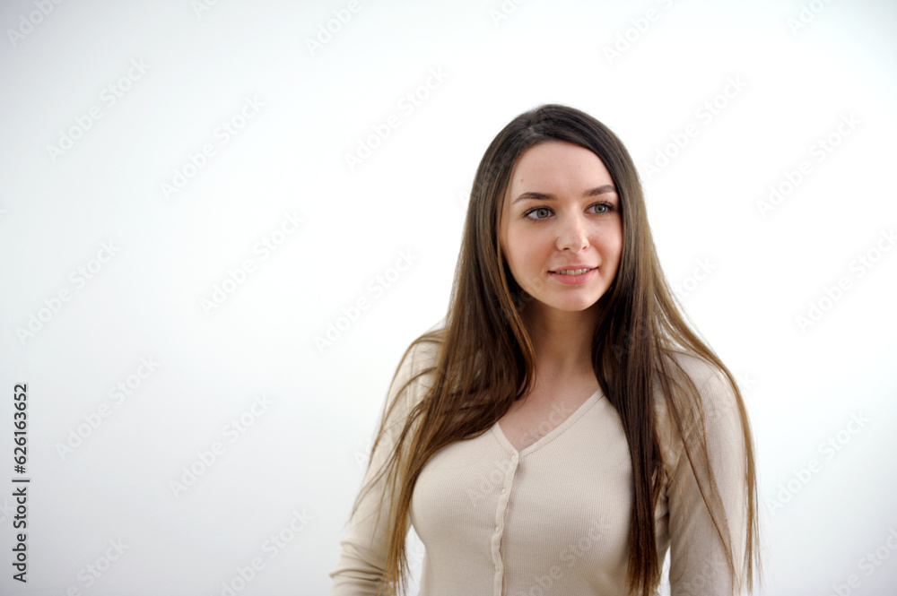 Young caucasian woman isolated on white background laughs out loudly keeping hand on chest. High quality photo Young caucasian woman isolated on white background laughs out loudly keeping hand on chest. High quality photo