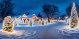 winter in the Christmas village landscape with trees lights decorations and snow