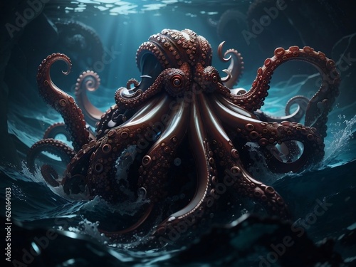 A mysterious, tentacled Kraken emerging from the depths of a deep, dark ocean.Created with generative AI