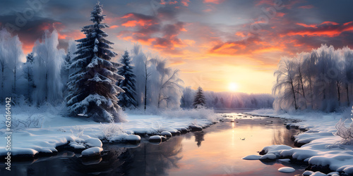 winter sunset landscape on the river with snow and fir trees