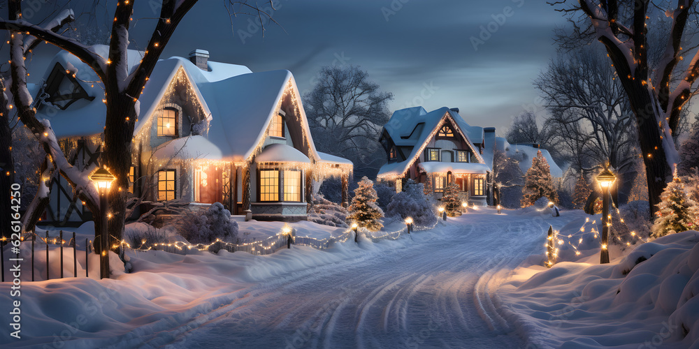 winter in the Christmas village landscape with trees lights decorations and snow