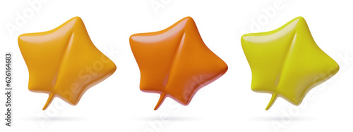 3d autumn maple leaves set. Modern glossy plastic cute three dimensional vector elements collection