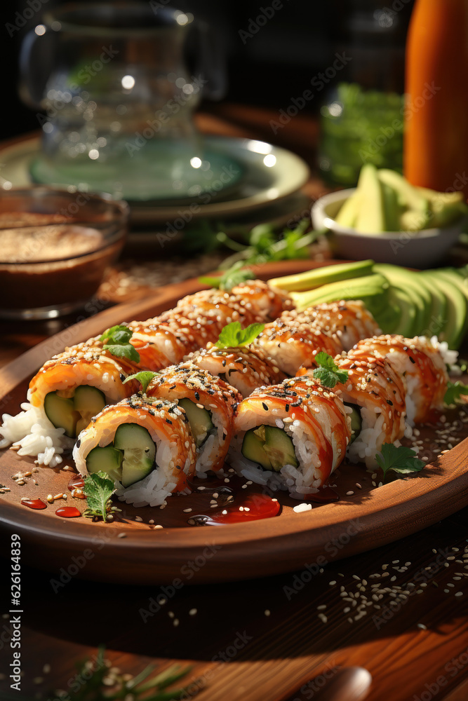 A plate of sushi rolls served with soy sauce
