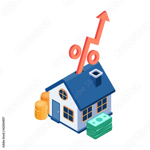 Isometric House with Interest Rate Arrow Rising Up