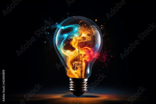 Creative light bulb explodes with colorful paint and colors. New idea, brainstorming concept © Denis