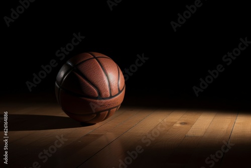 Basketball staying on top of a wooden floor. Dramatic spot lighting. 