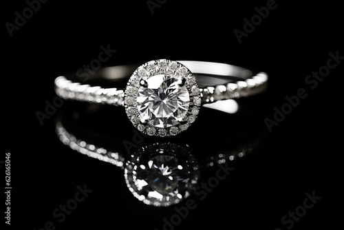 catalogue photo closeup of wedding ring made of white gold, black background . AI Generated