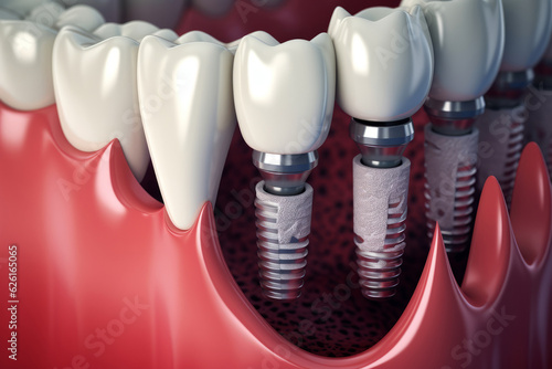 Dental implantation, teeth with implant screw, illustration. AI Generated photo