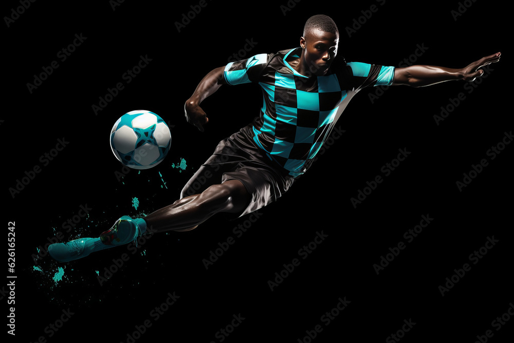 soccer player in mid air kicking ball on a black background . AI Generated