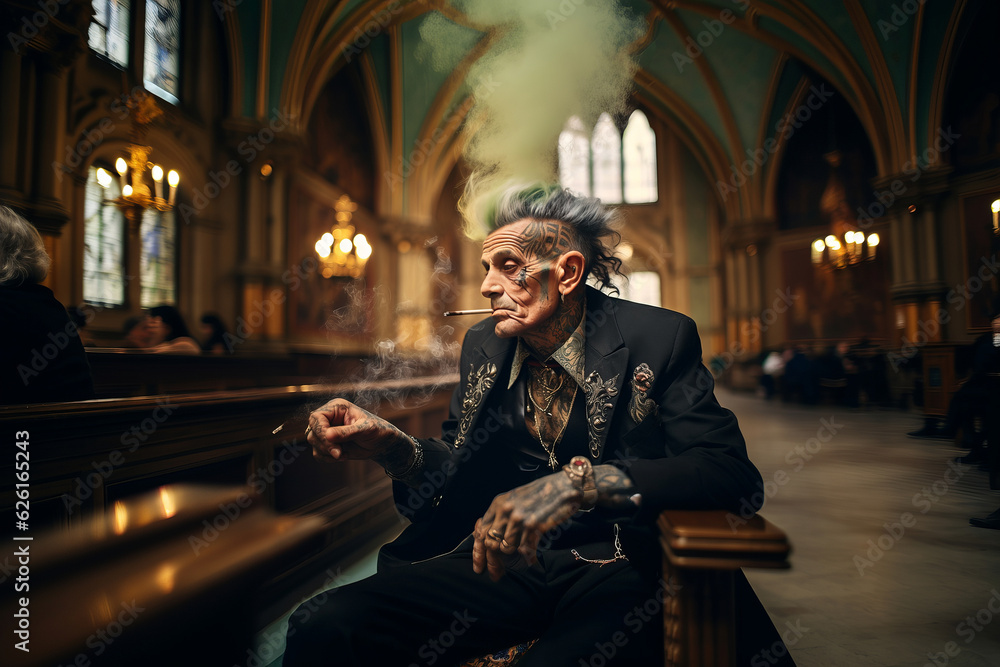 smiling old tattooed fashion man with bold hair smoking a cigarette in a church. AI Generated smiling old tattooed fashion man with bold hair smoking a cigarette in a church. AI Generated