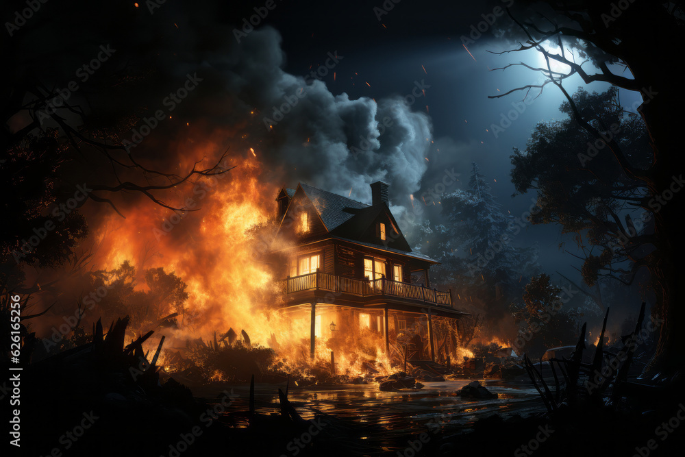 A burning house sitting on fire by the dark night. AI Generated