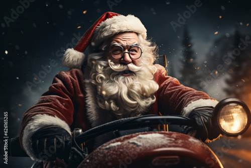 Santa Claus driving red sports car on Christmas day's, delivering presents.. AI Generated