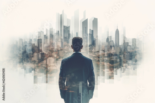 Double exposure concept with businessman and city. AI Generated
